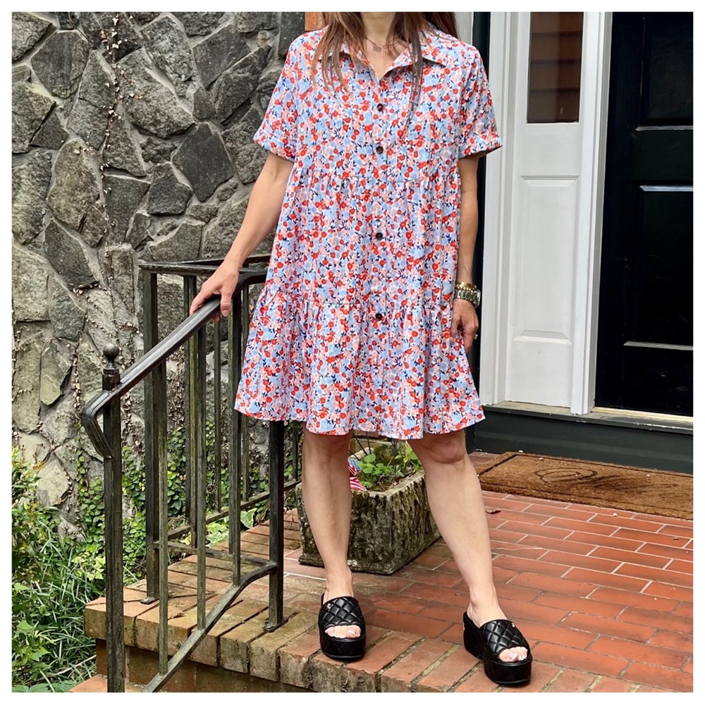 46 Boho Basic Collared Floral Short Sleeve Tiered Dress